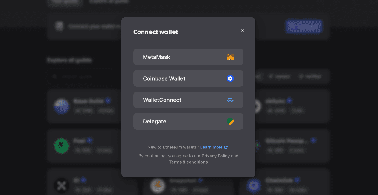 Wallet connection at the Guild website
