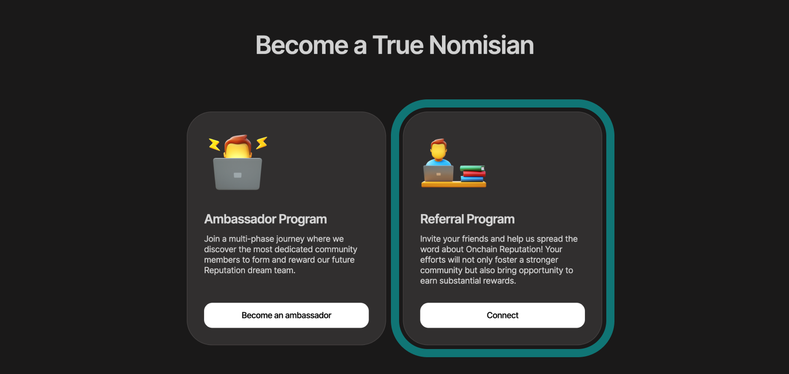 Section with a referral program from Nomis' landing